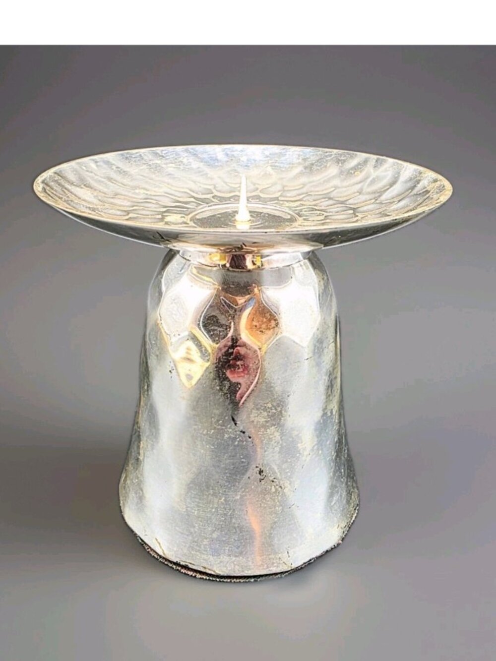 Vintage Silver Metal Hammered MCM Pillar Candleholder Lambert?